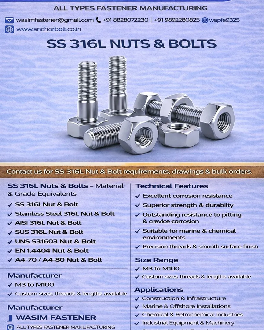 ss 316l nuts and bolts
stainless steel 316l fasteners
aisi 316l nuts bolts
uns s31603 fasteners