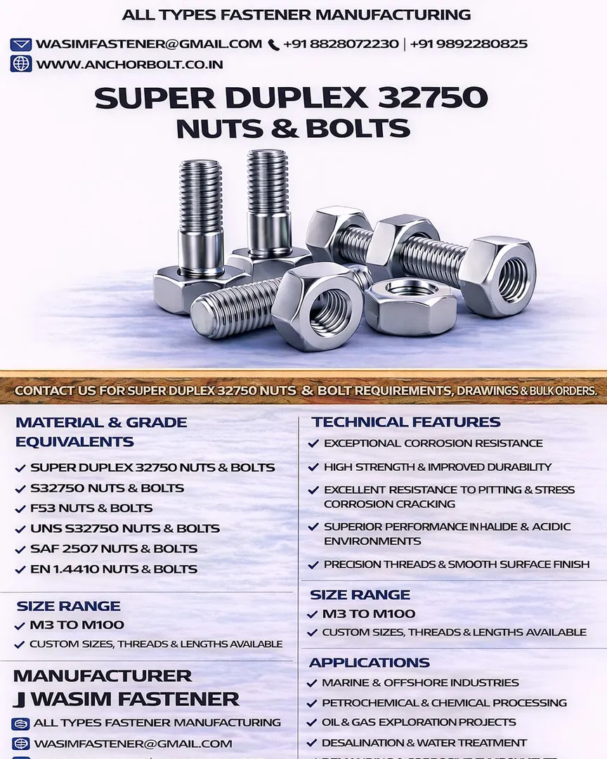 super duplex nuts and bolts
super duplex fasteners
uns s32750 nuts bolts
uns s32760 nuts bolts
astm