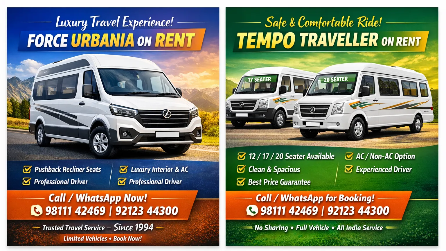 We provide Urbania & Tempo Traveller on rent for family tours,weddings,corporate trips & pilgrimages