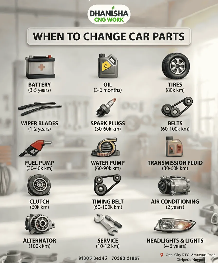When to Change Car Parts | Car Maintenance Guide | Best CNG Fitment in Nagpur – Dhanisha CNG Work