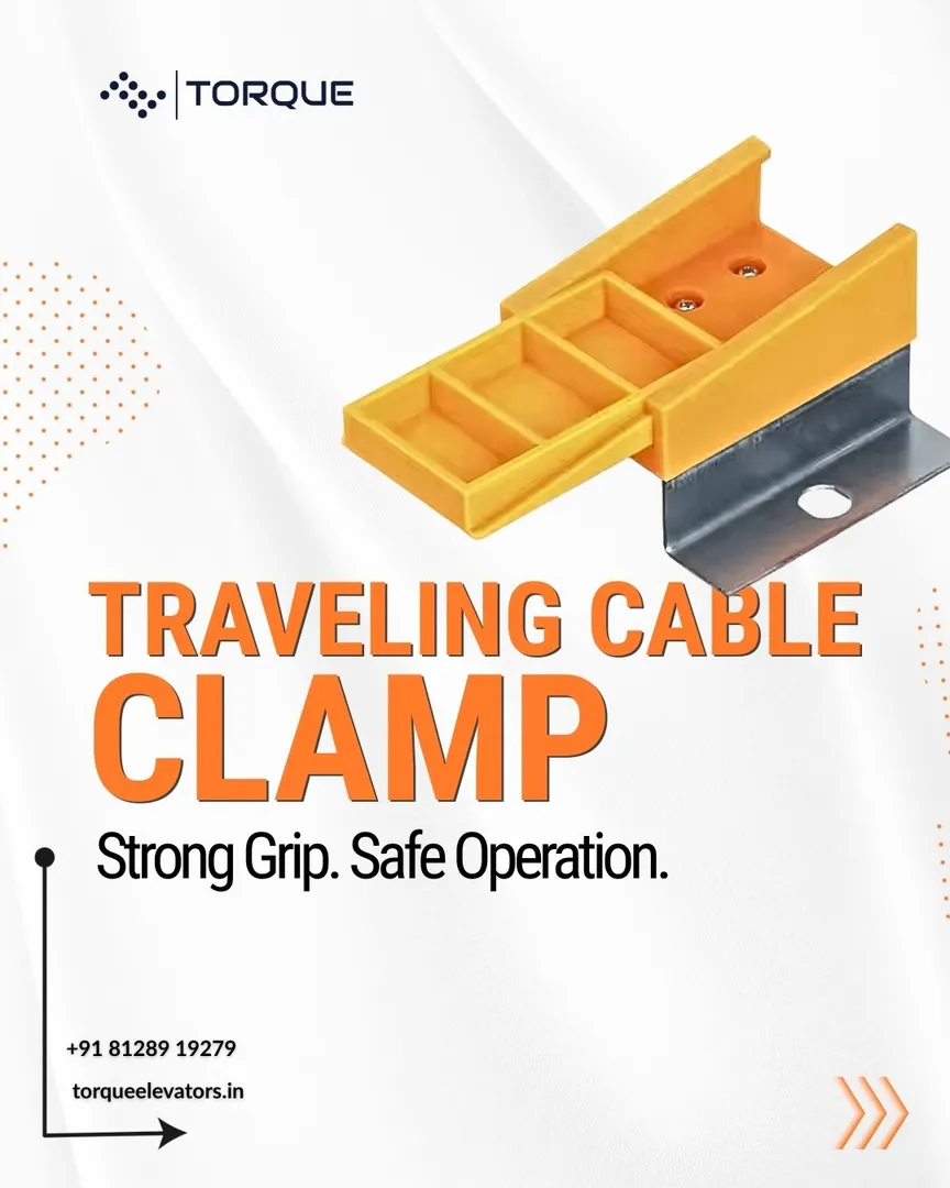 A Traveling Cable Clamp secures the traveling cable inside the elevator shaft, maintaining stability...