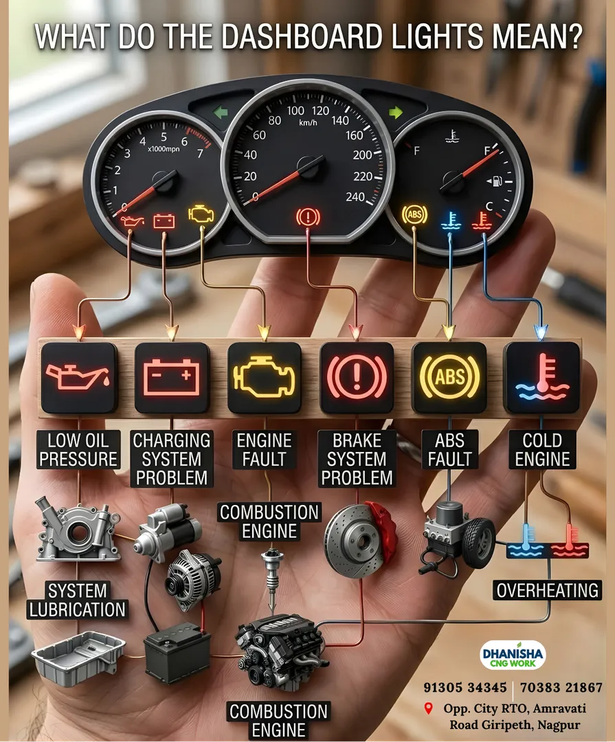 Car Dashboard Warning Lights Guide | Best CNG Kit Installation in Nagpur – Dhanisha CNG Work