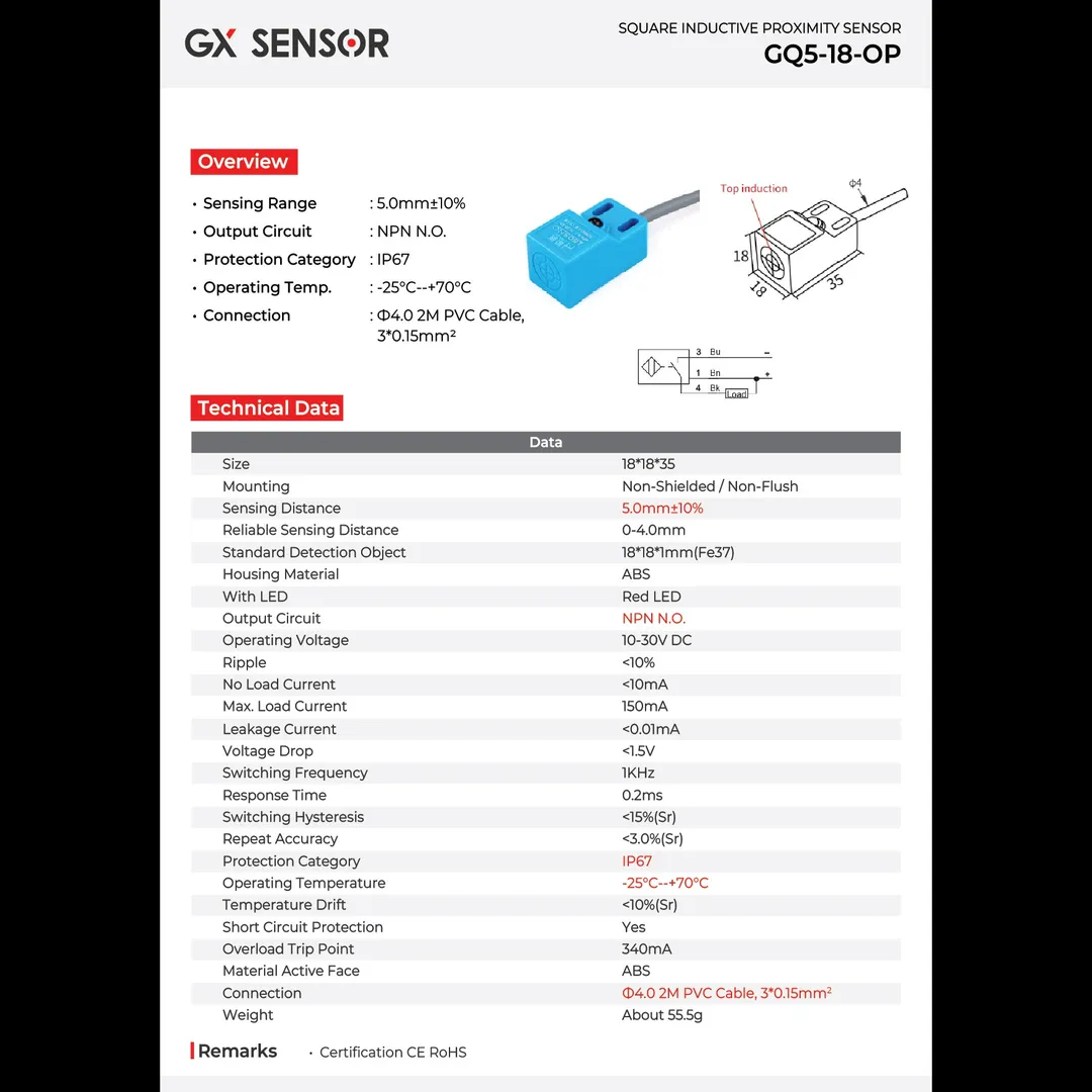 GX Sensor GQ5-18-OP Square Inductive Proximity Sensor