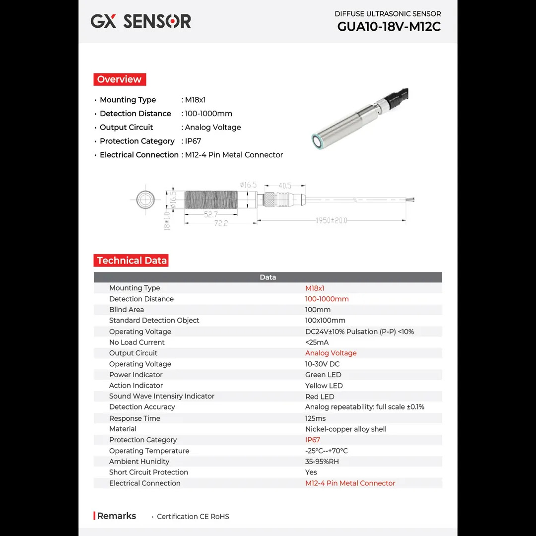 GX Sensor GUA10-18V-M12C Diffuse Ultrasonic Sensor