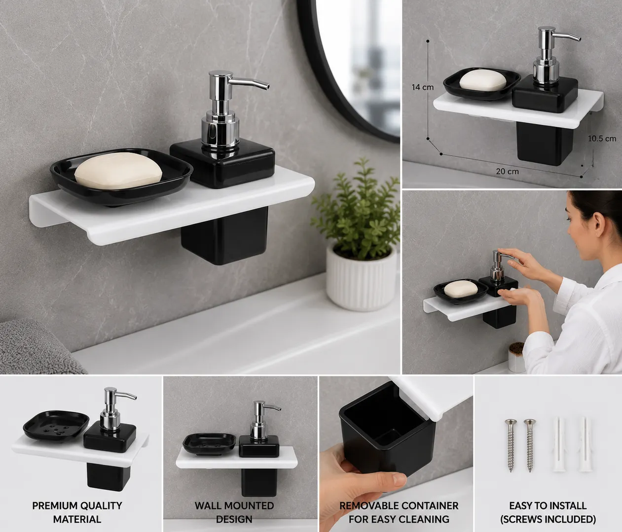 Acrylic black soap dish with soap dispenser