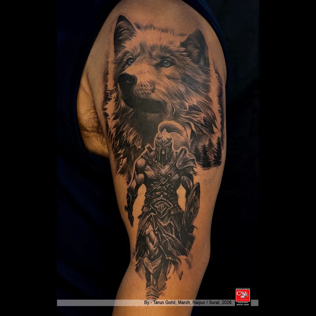 Wolf & Warrior Tattoo β Strength, Loyalty & Fearless Spirit πΊβοΈπ€
This powerful black and grey...