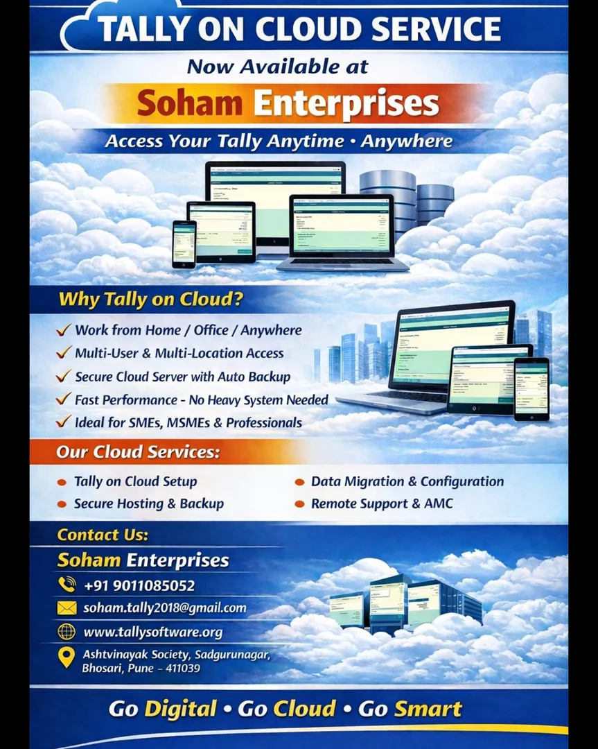 Tally on Cloud Service Available
Soham Enterprises | Secure Tally Cloud Solutions in Bhosari, Pune
N...