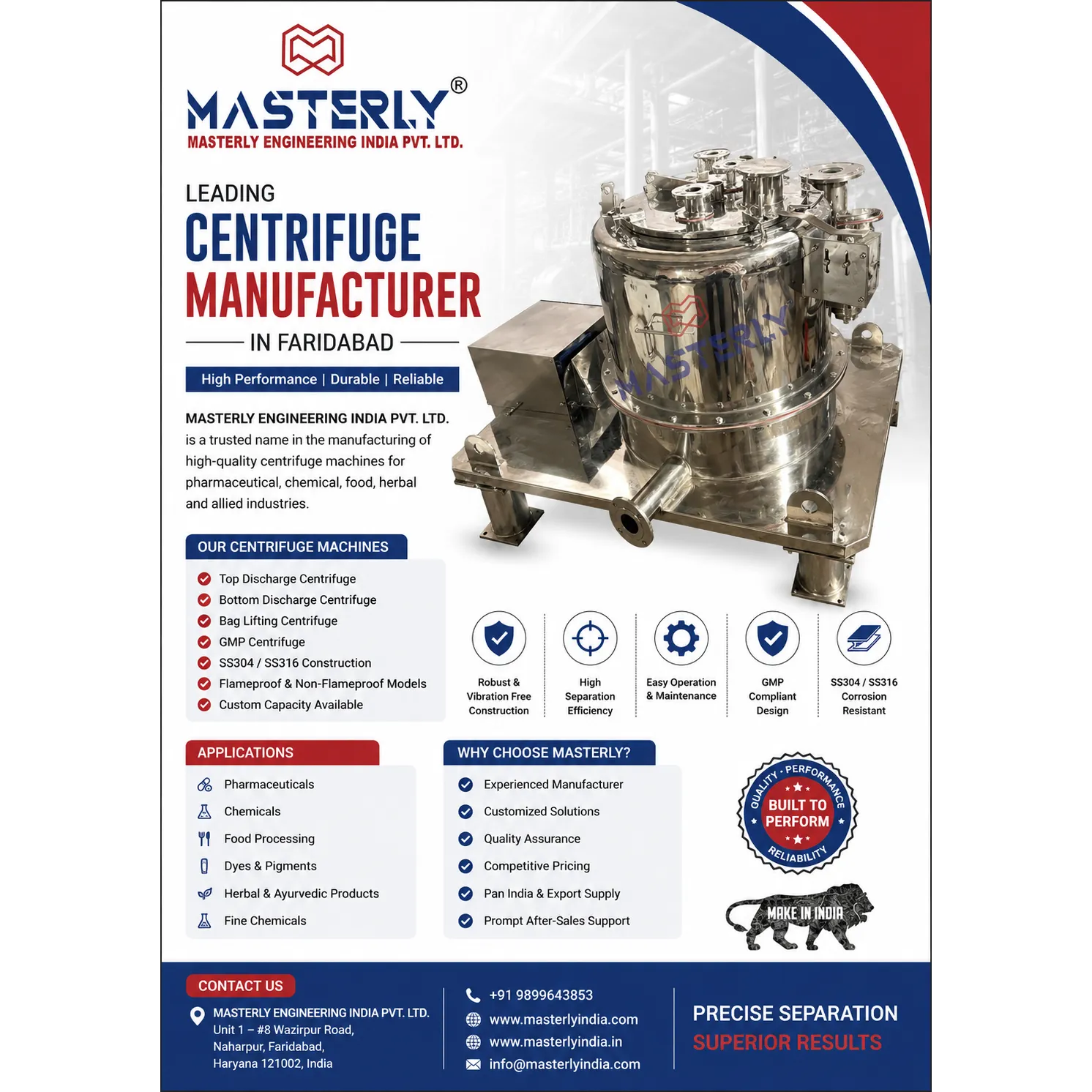 Centrifuge Manufacturer in Faridabad | MASTERLY ENGINEERING INDIA PVT. LTD.