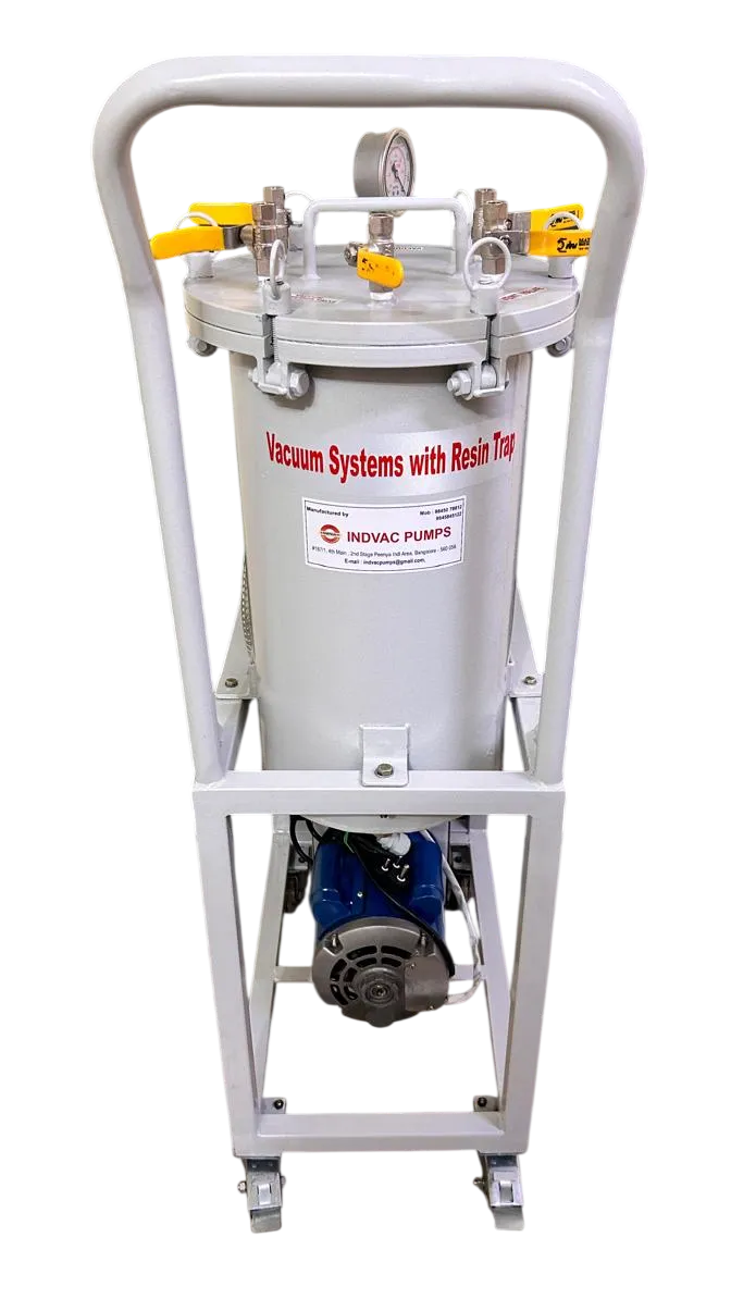 Resin trap with vacuum pump, aerospace composite vacuum bagging, vacuum resin trap catch pot.