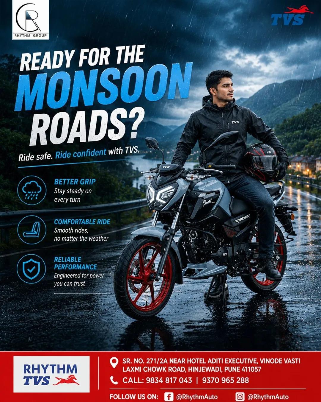 ## 🌧️ Ready for Monsoon Roads with Rhythm TVS
This monsoon season, ride with confidence and safety...