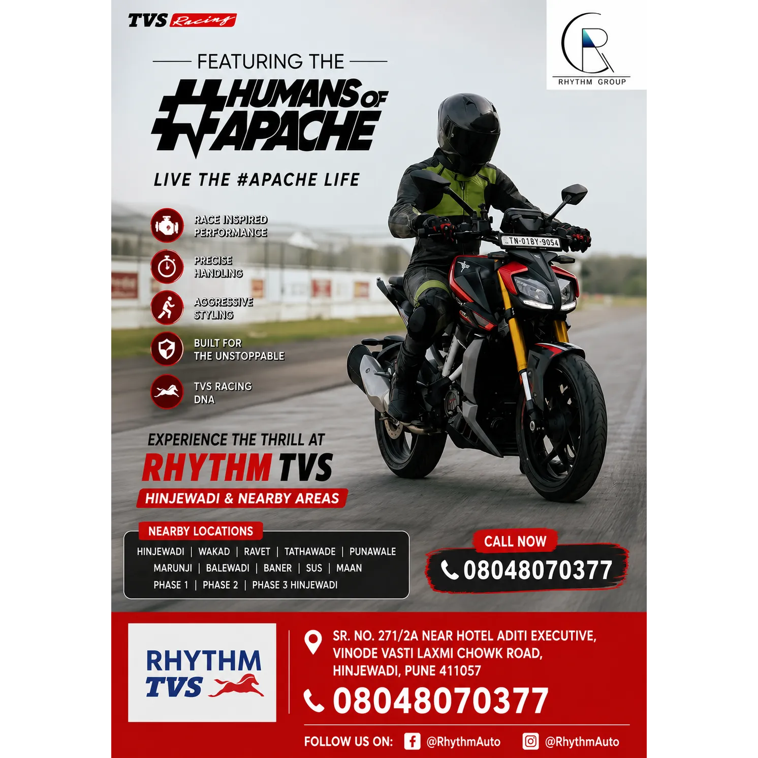 Experience the Thrill of TVS Apache at Rhythm TVS Hinjewadi!
Unleash power, performance, and racing...