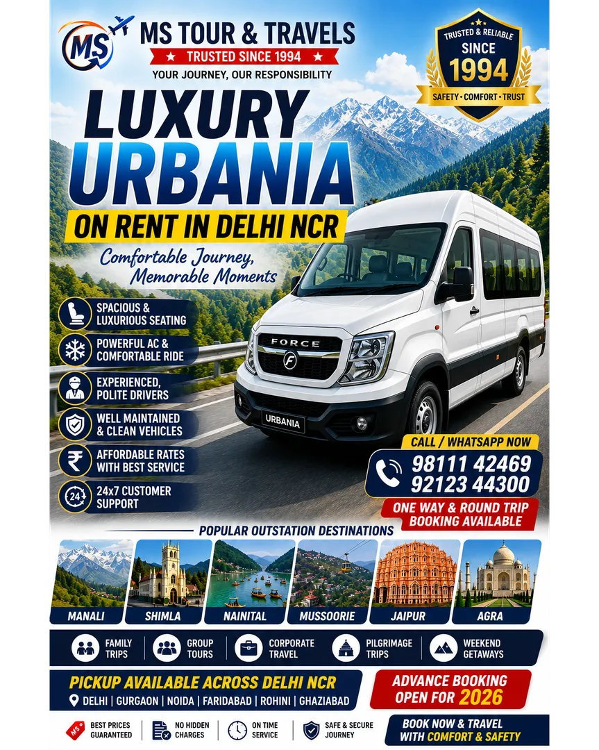 Urbania Hire from Delhi for Char Dham, Manali & Shimla | M S Tour And Travels - Rohini, Delhi