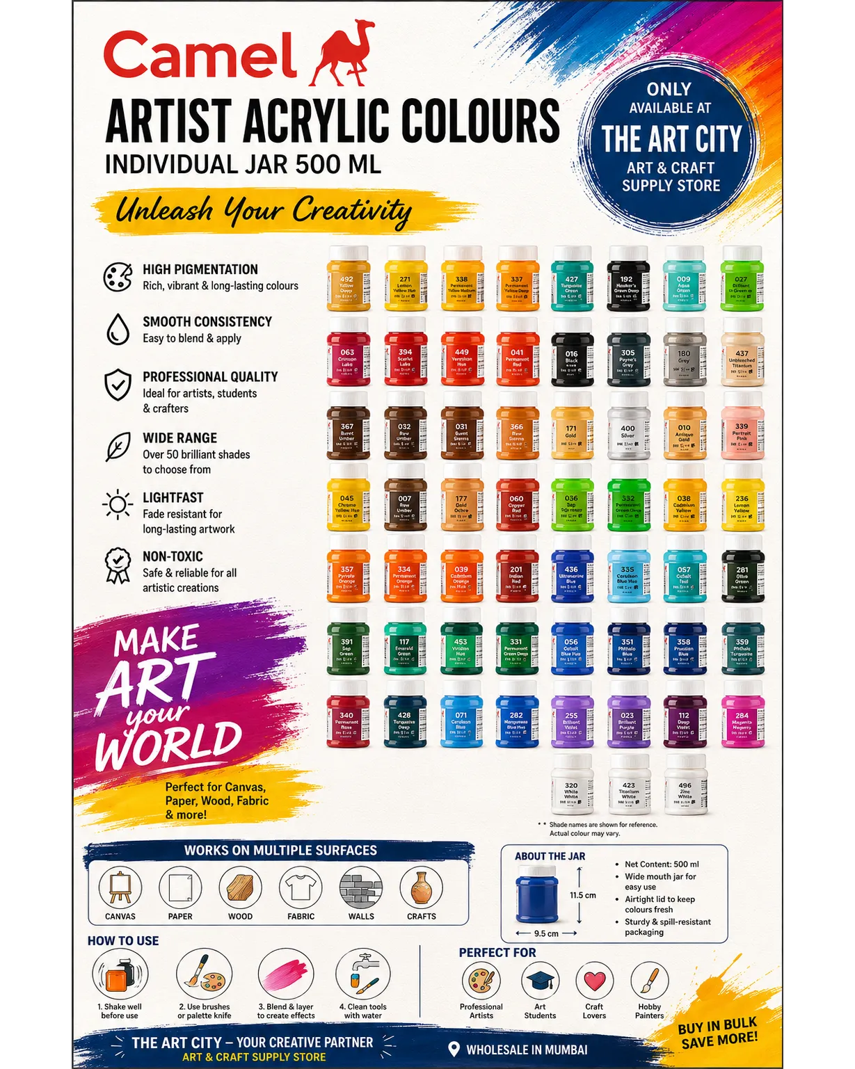 CAMEL Artist Acrylic Colours – 500 ML Individual Jar (Wholesale Available in Mumbai)