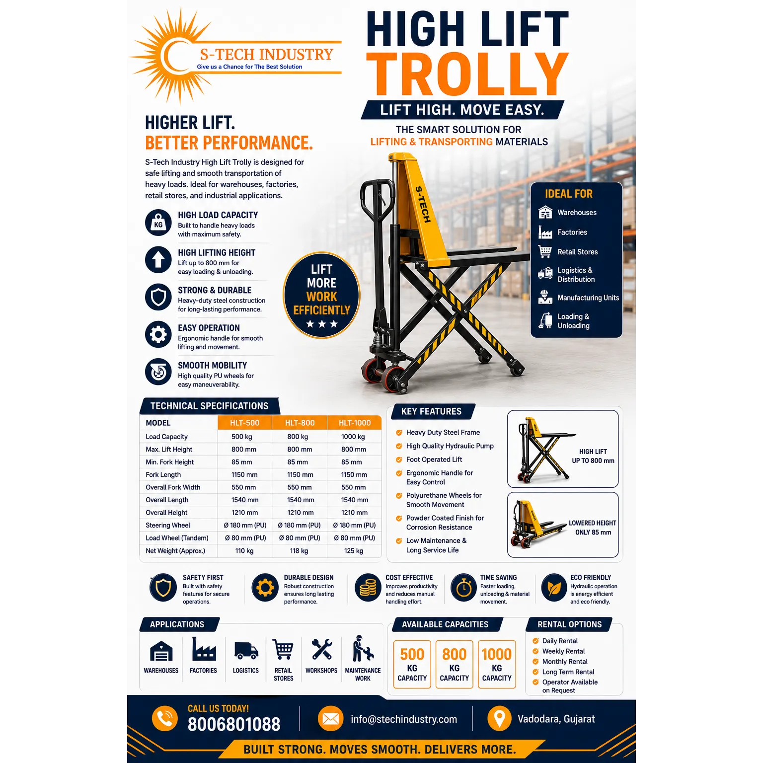 High Lift Trolley – Technical Specifications
Available Models
Model Capacity Max Lift Height Platfor...