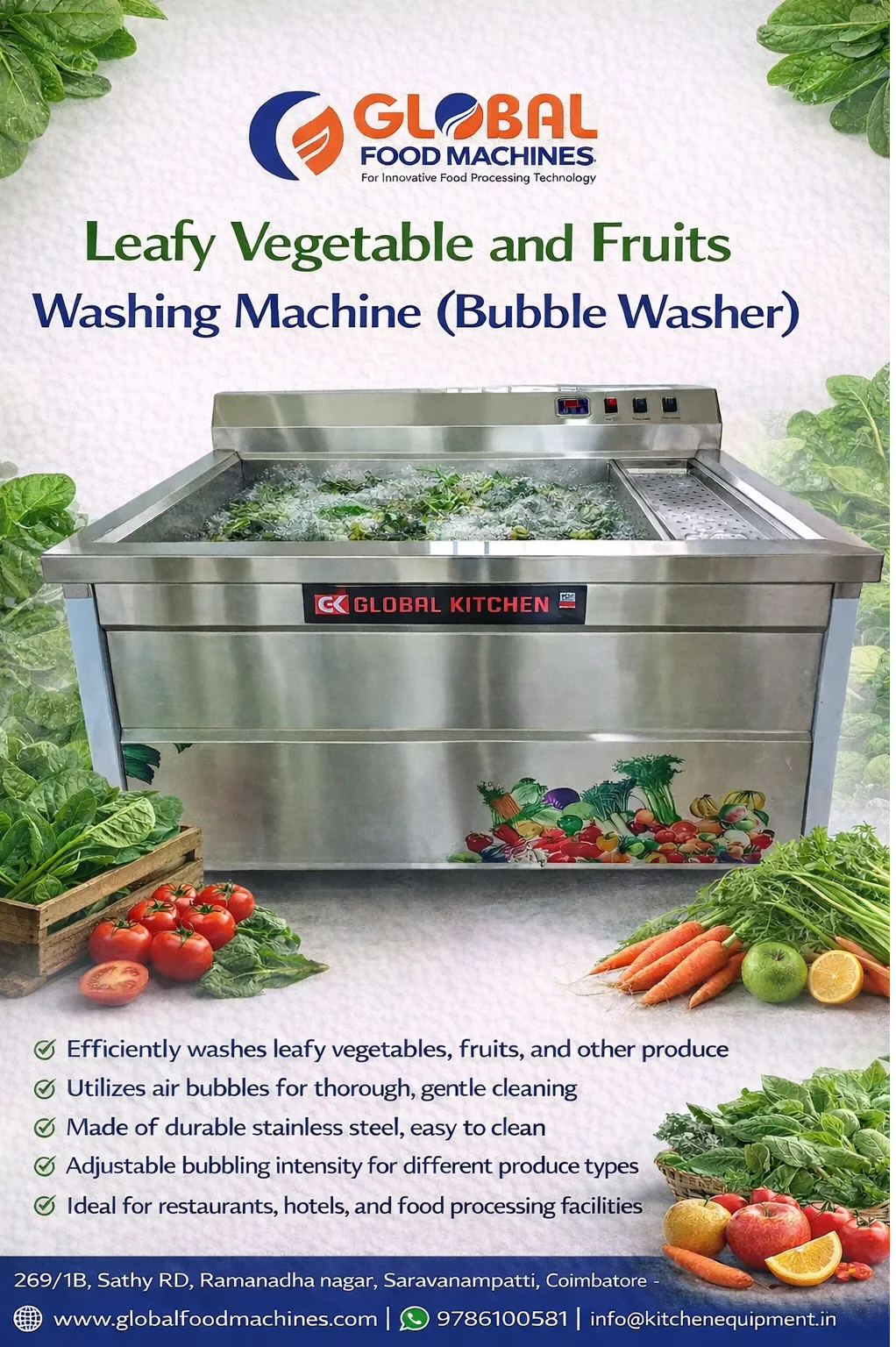 Leafy Vegetable and Fruits Washing Machine (Bubble Washer) in Coimbatore