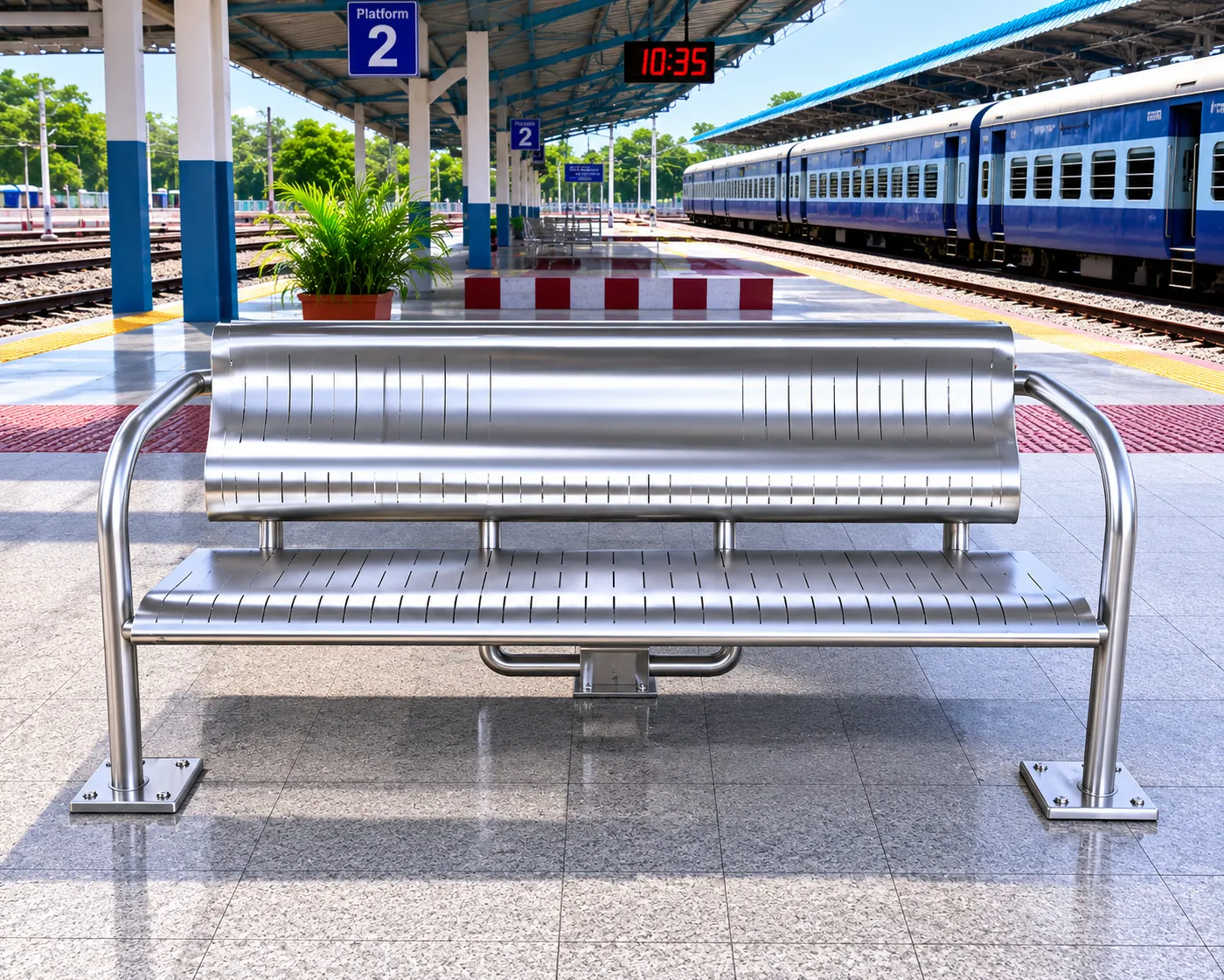 Stainless Steel Railway Bench 4-Seater – Durable Seating for High-Traffic Public Areas