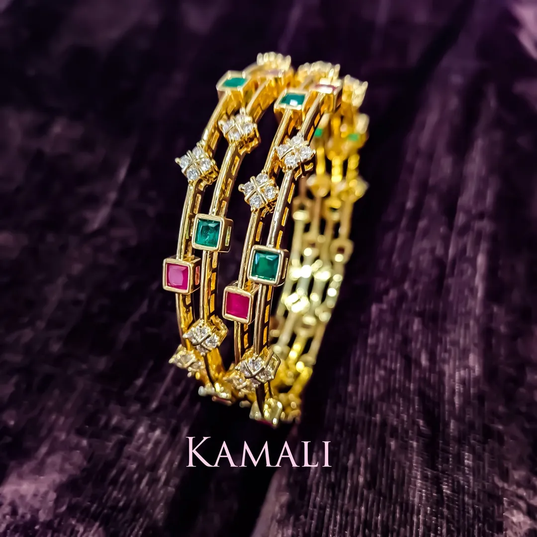 1gm Gold Plated Impon Bangles with Semiprecious Ruby, Emeralds and Zirconia stones-KAMALI 9944116790...