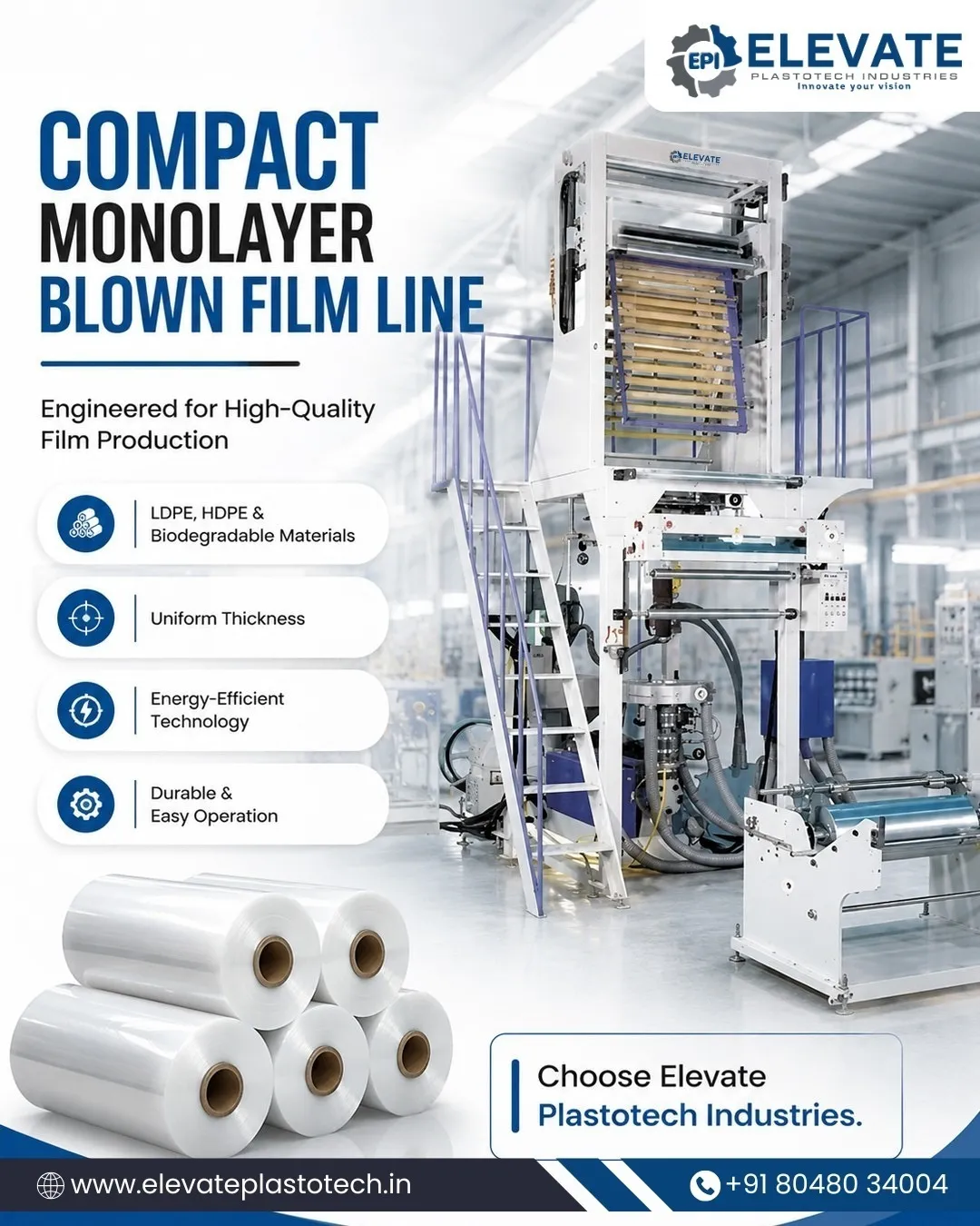 Compact Monolayer Blown Film Line Manufacturer from India | Elevate Plastotech Industries