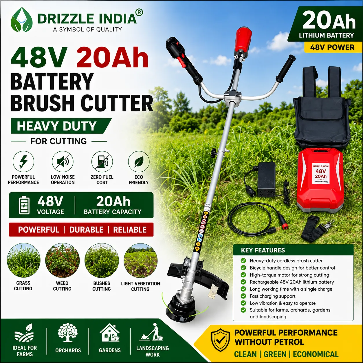 Drizzle India Heavy-duty cordless brush cutter #crodlessbrushcutter #grasscutter