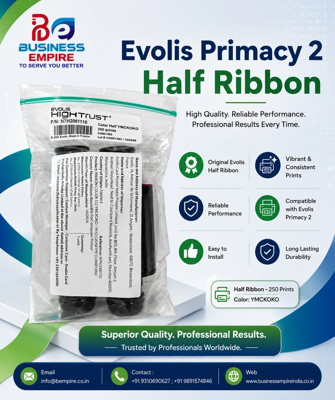 Evolis Primacy 2 Half Ribbon Supplier in West Uttar Pradesh | Original YMCKO Ribbon Dealer