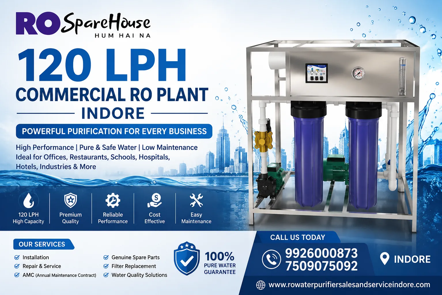 120 LPH Commercial RO Plant in Indore – Reliable Water Purification Solutions by RO Spare House
