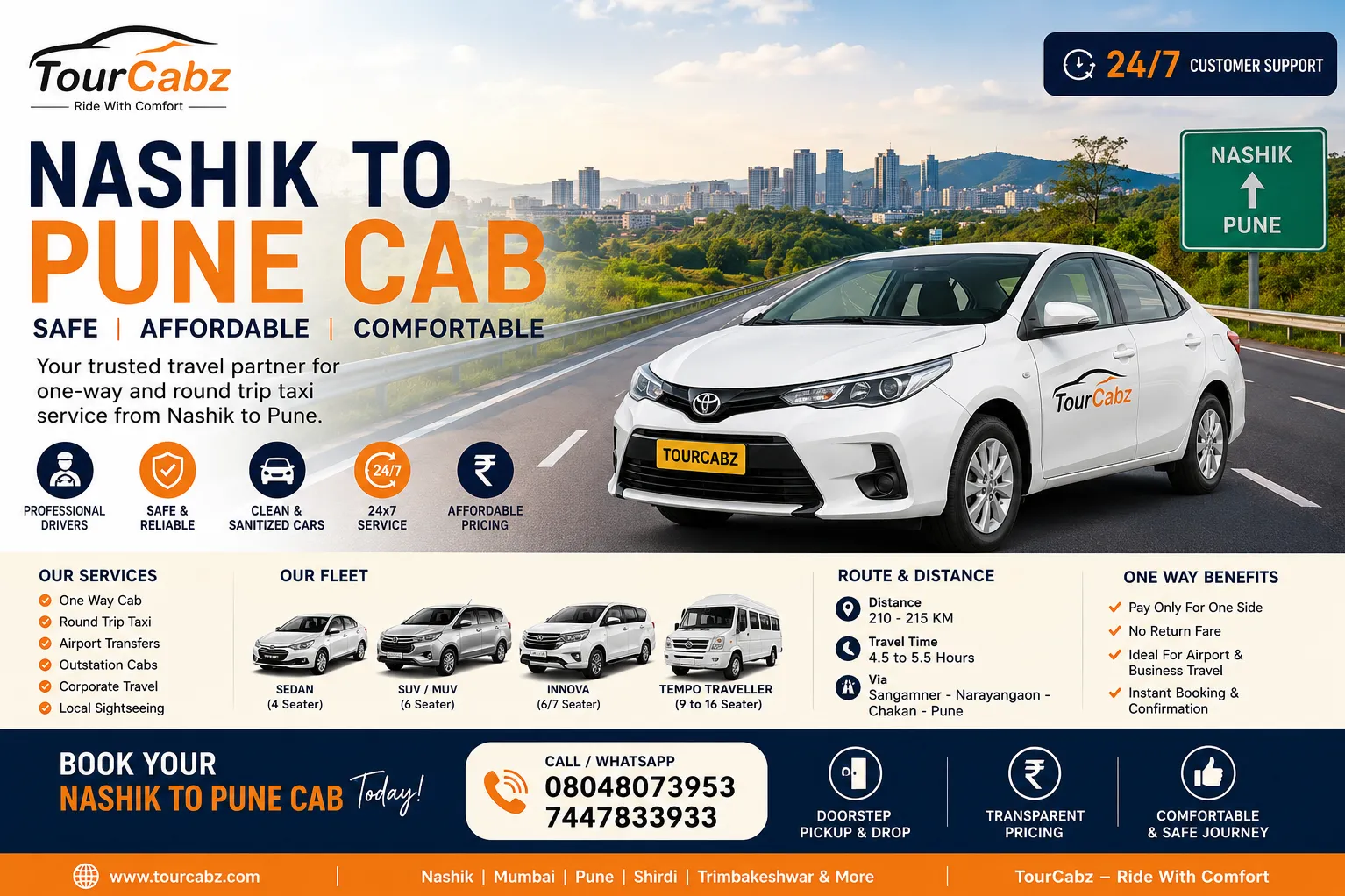 Nashik to Pune Cab | One Way Taxi Service at Best Price | TourCabz
