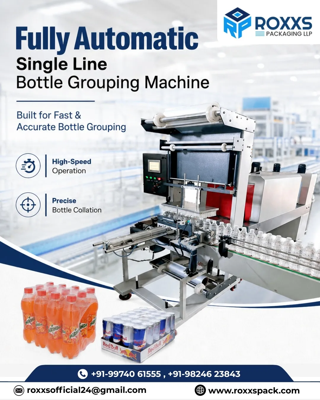 Fully Automatic Single Line Bottle Grouping Machine in Ahmedabad | ROXXS Packaging LLP