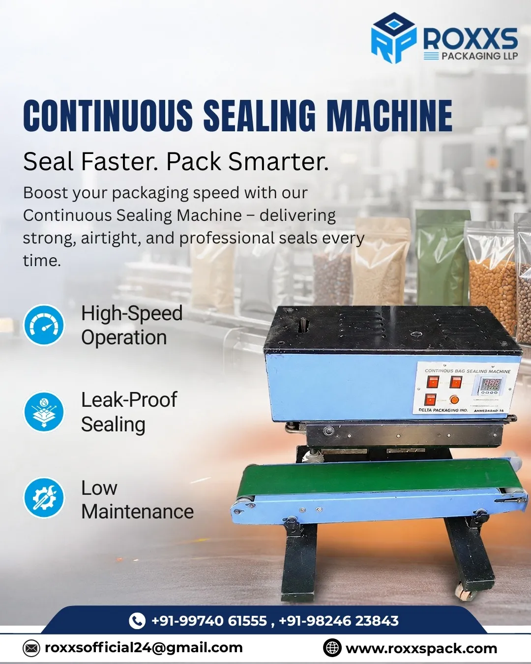 Continuous Band Sealer Machine Manufacturer in Ahmedabad | ROXXS Packaging LLP