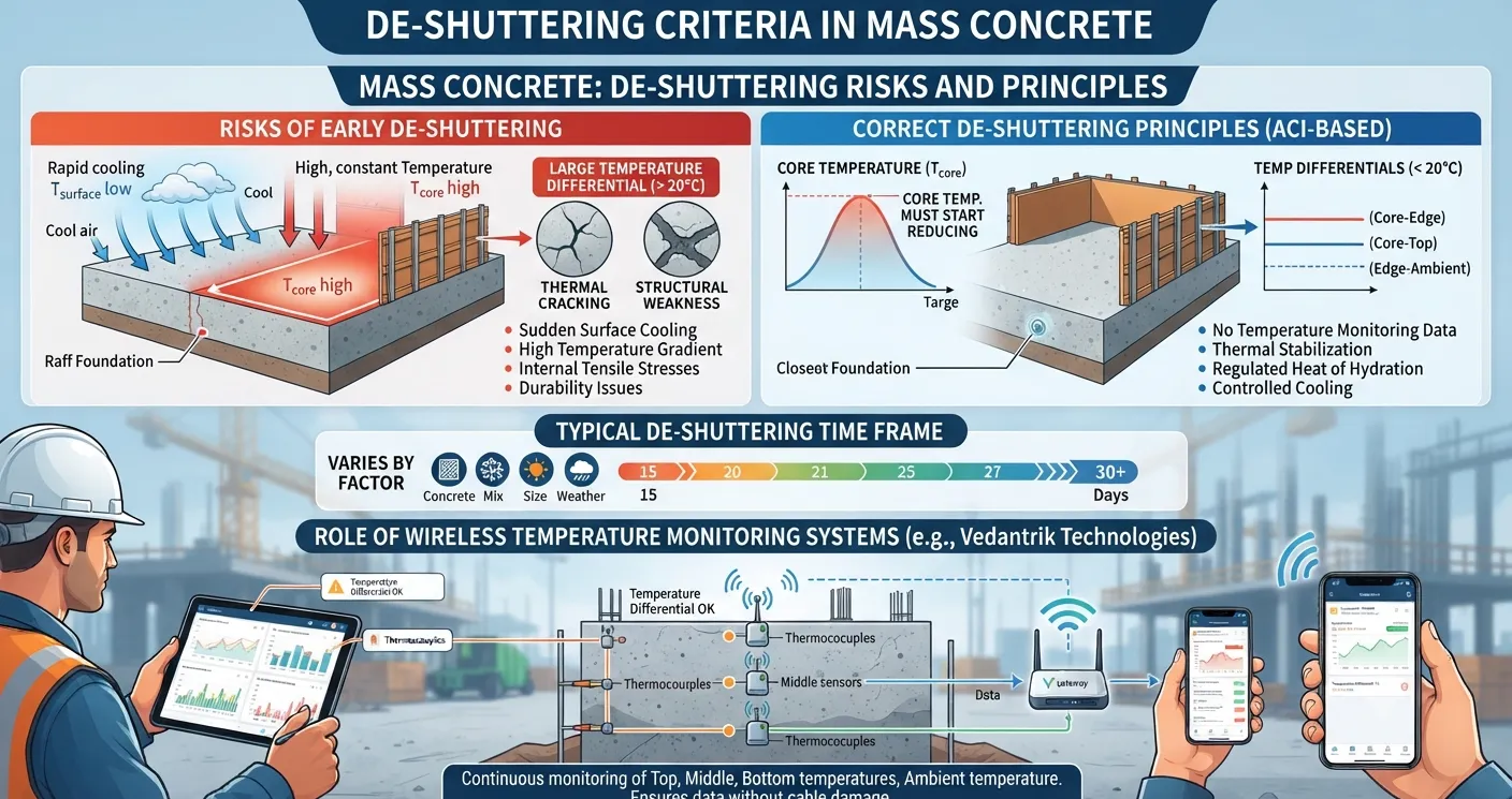 What is the De-Shuttering Criteria in Mass Concrete?