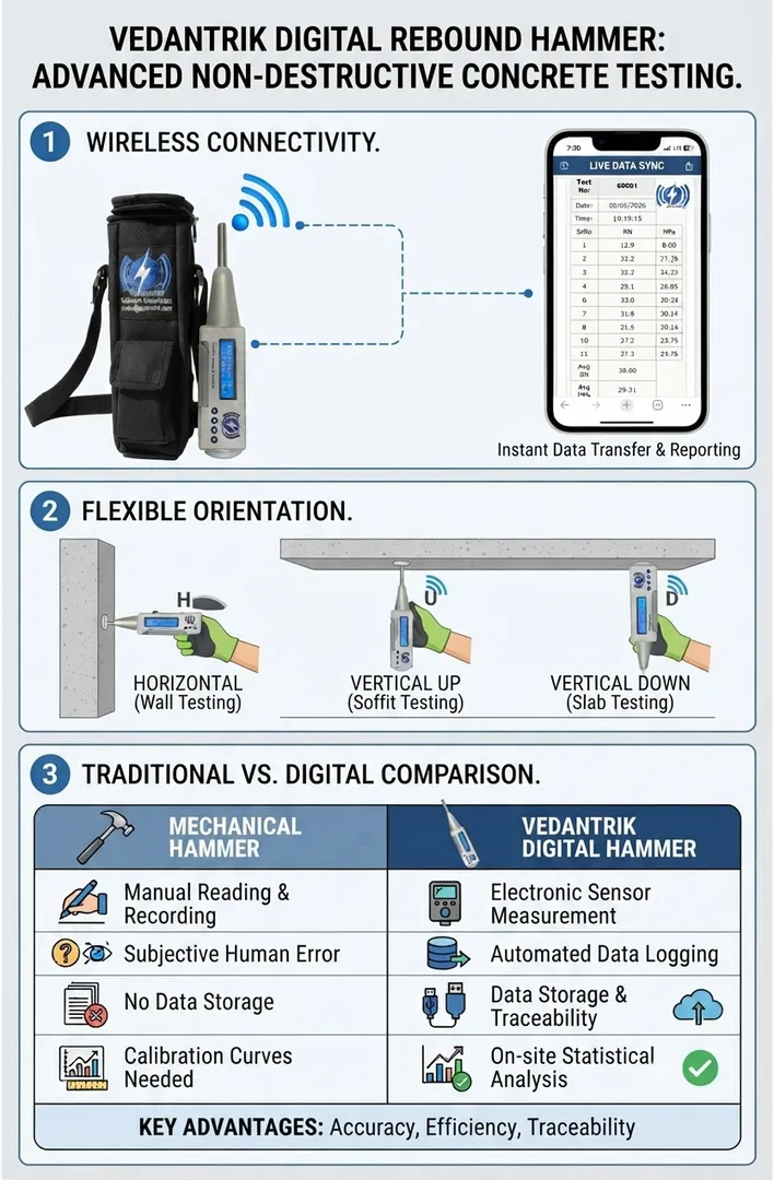 Digital Rebound Hammer for Rapid Concrete Strength Testing with 80 ± 2 Rebound Value