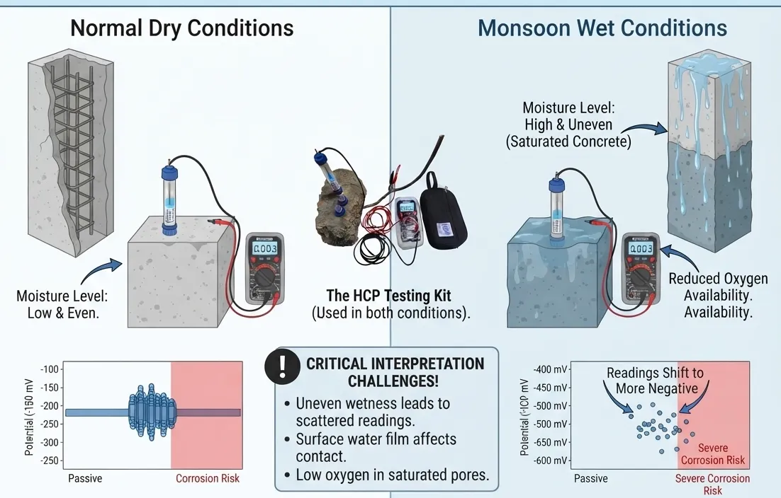 Impact of Monsoon Moisture on Half-Cell Potential Measurements in Reinforced Concrete