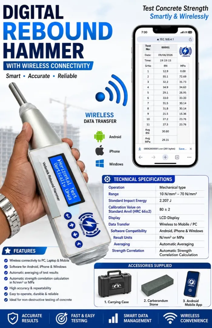 Digital Rebound Hammer for Rapid Concrete Strength Testing with 80 ± 2 Rebound Value
