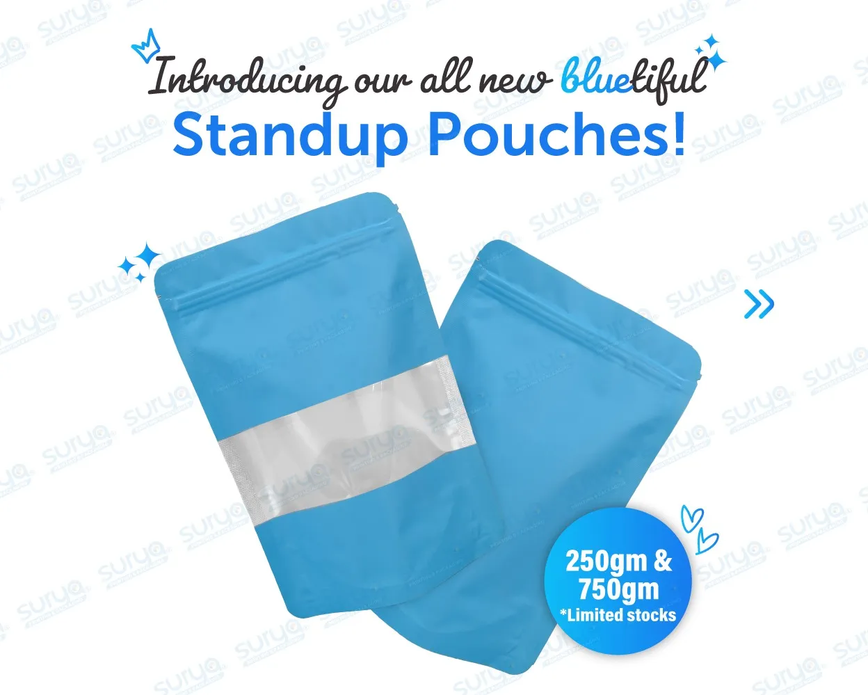 Plain Blue Standup Window Pouch Packaging Solutions in Coimbatore | Surya Graphics