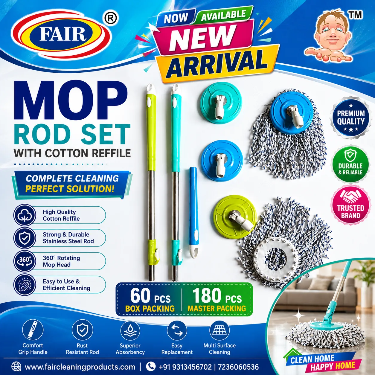 Premium Mop Rod Set with Cotton Refill – Stainless Steel Floor Mop