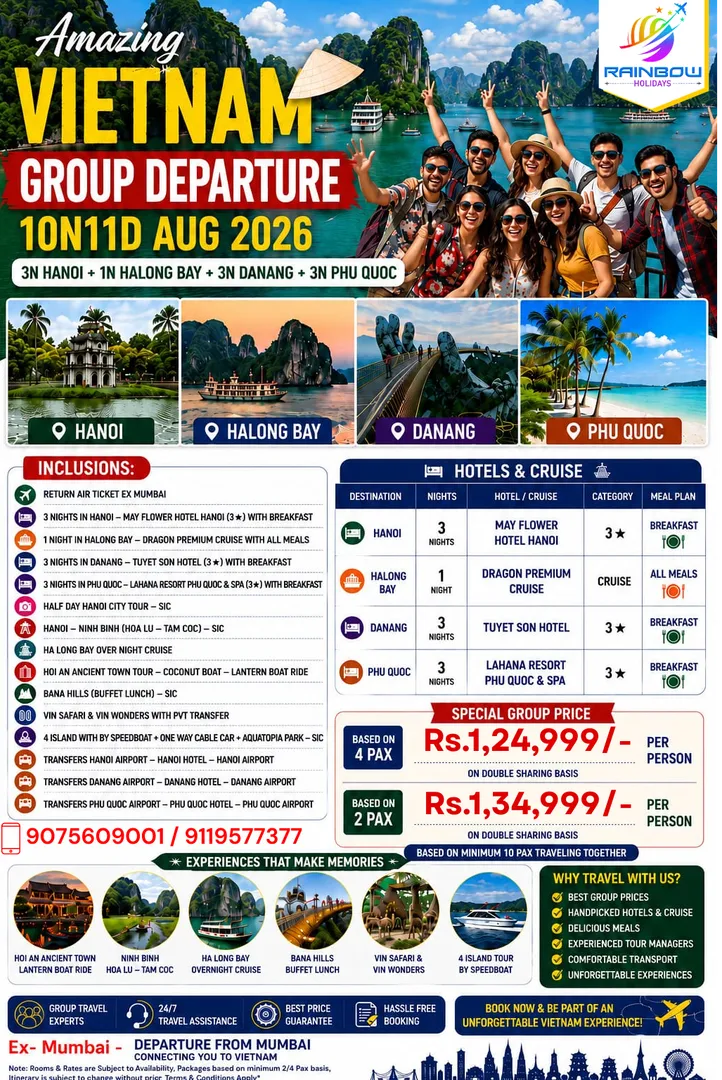 Vietnam Group Departure – 18 August 2026 | Book Now with Rainbow Holidays, Pune & PCMC!