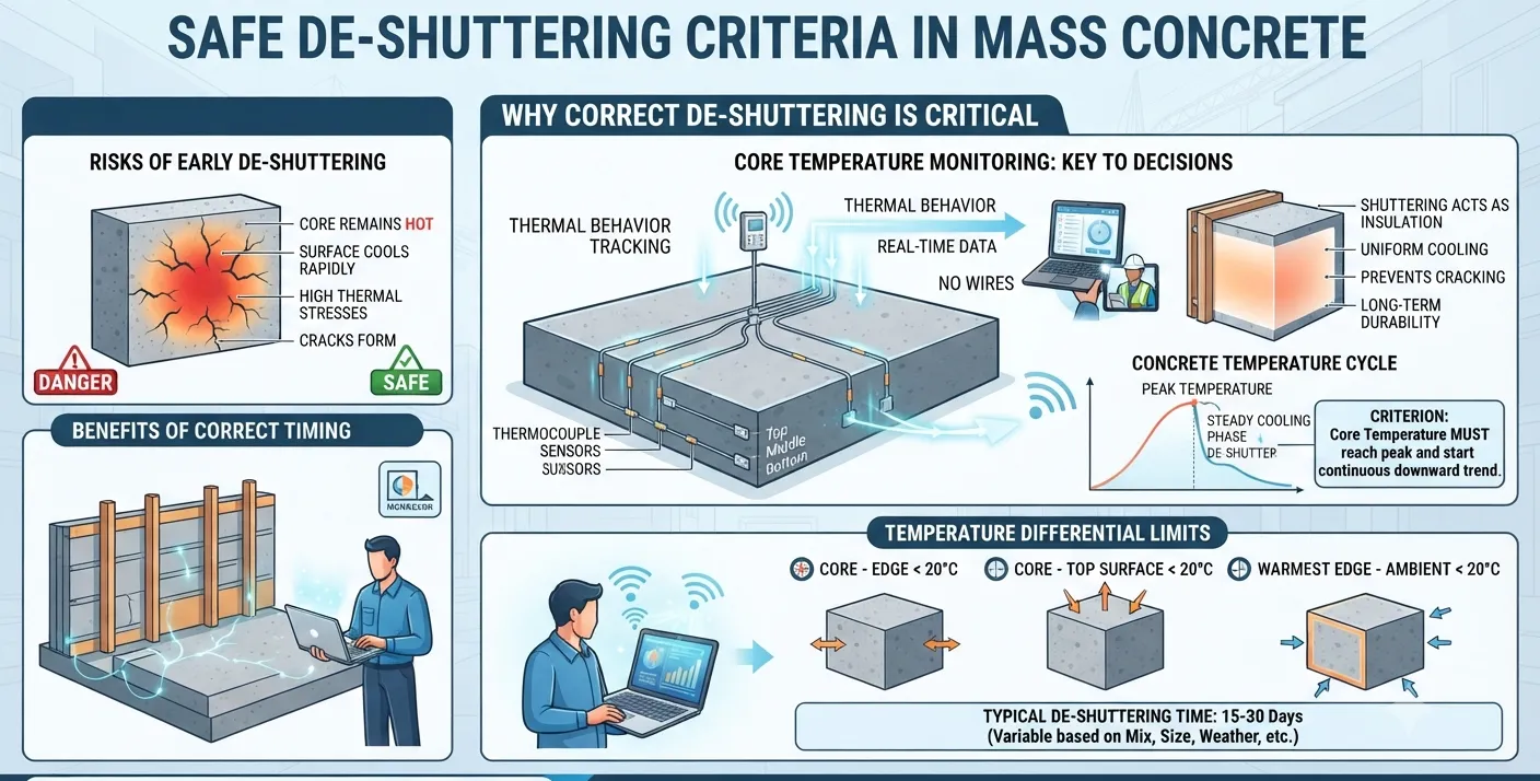 What is the De-Shuttering Criteria in Mass Concrete?
