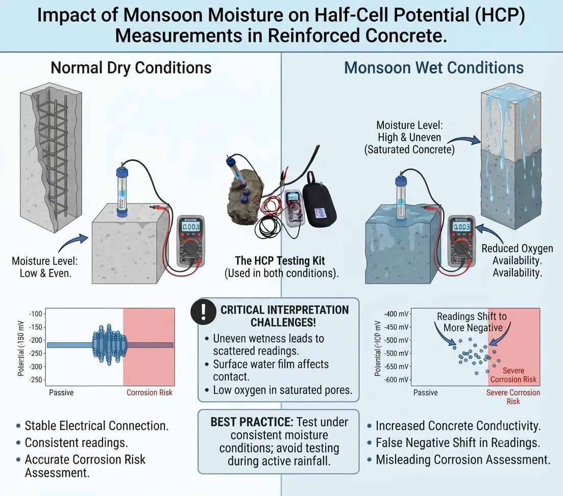 Impact of Monsoon Moisture on Half-Cell Potential Measurements in Reinforced Concrete