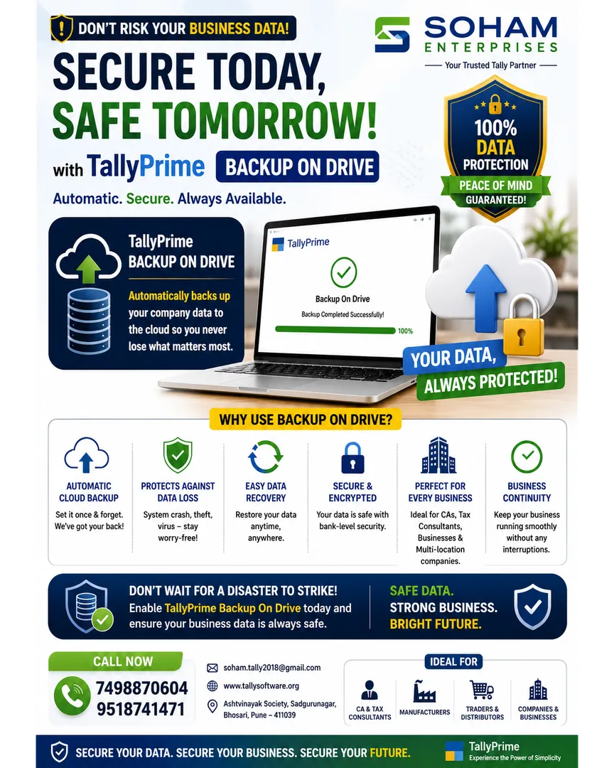 Secure Your Tally Data with Backup on Drive – TallyPrime Feature
Never lose your valuable business d...