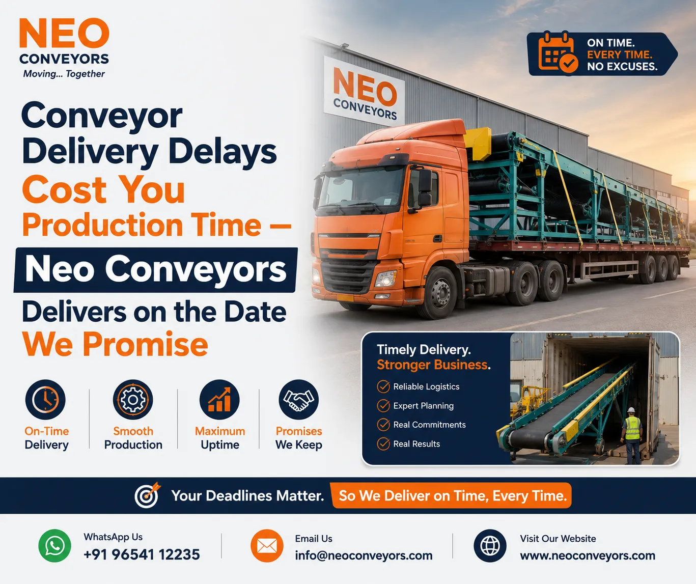 Conveyor Delivery Delays Cost You Production Time — Neo Conveyors Delivers on the Date We Promise