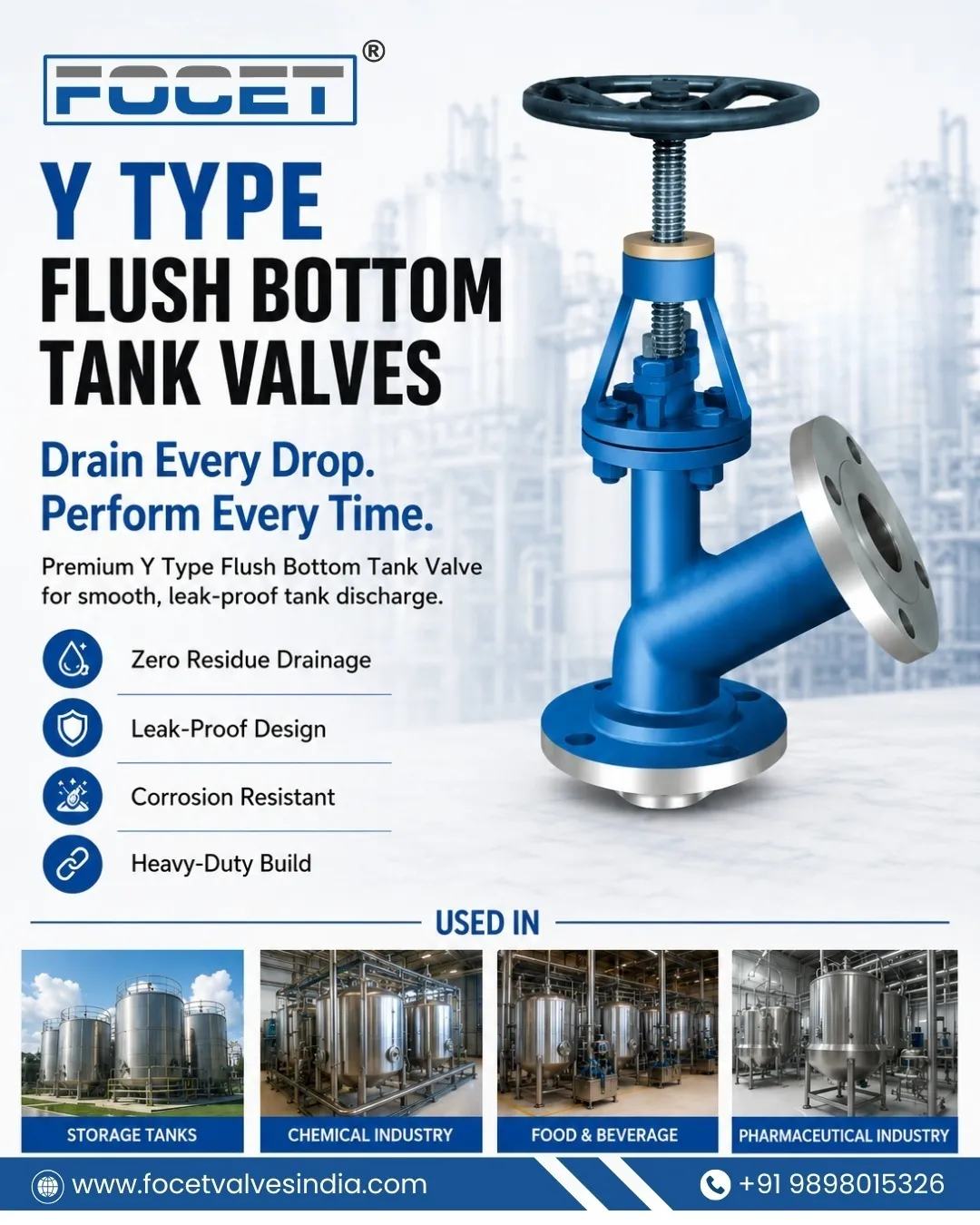 Y Type Flush Bottom Tank Valve Manufacturer in Ahmedabad | Focet Valves Private Limited