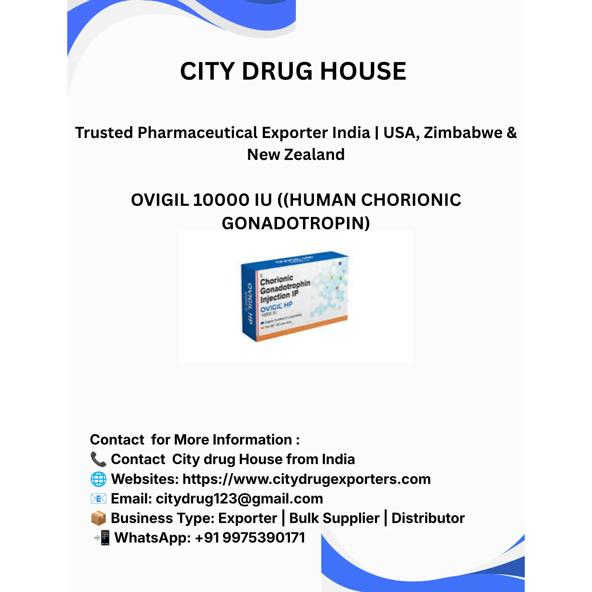 Ovigil 10000 IU Injection Exporter to USA, Zimbabwe & NZ | City Drug House India