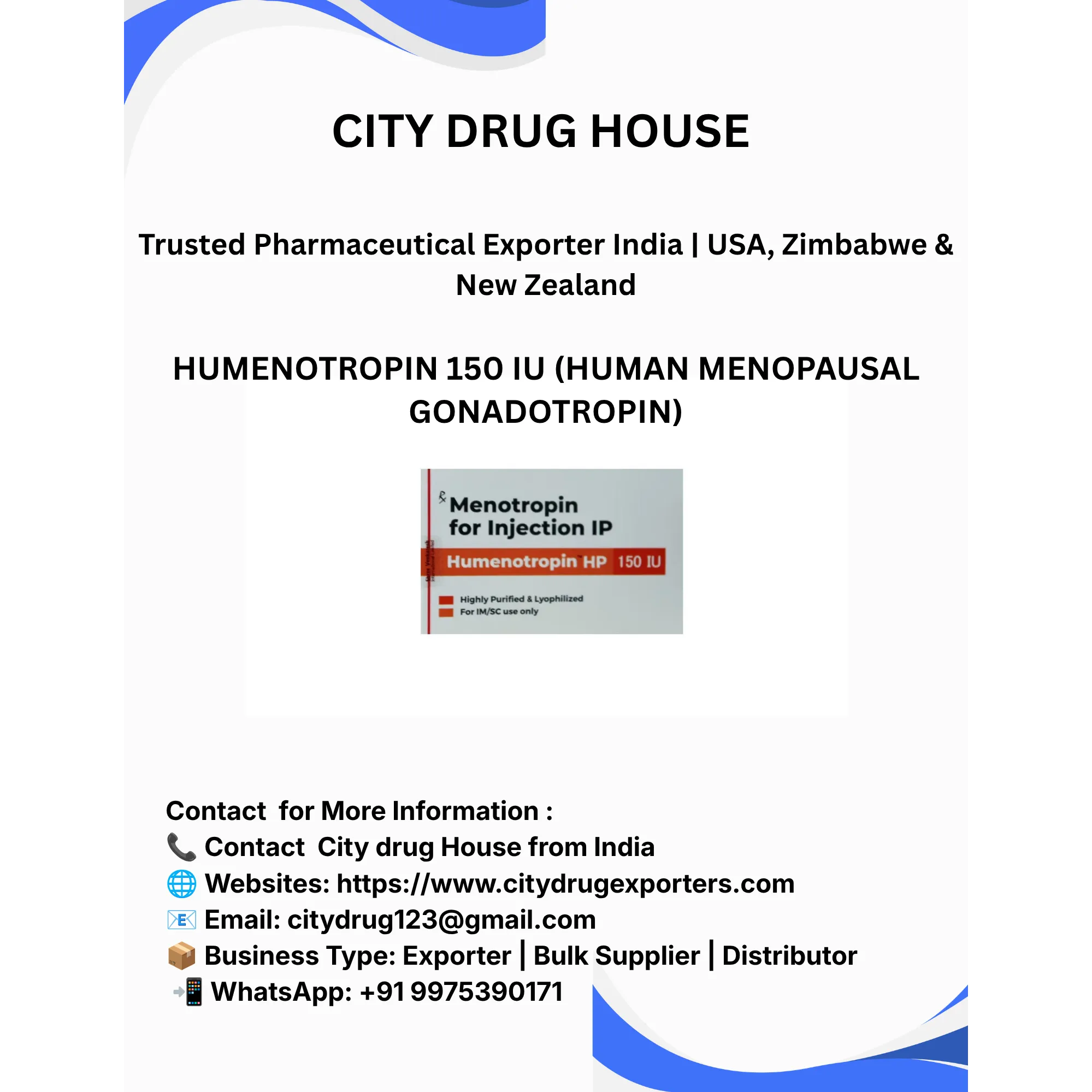 Humenotropin 150 IU Injection Exporter to USA, Zimbabwe & NZ | City Drug House INDIA