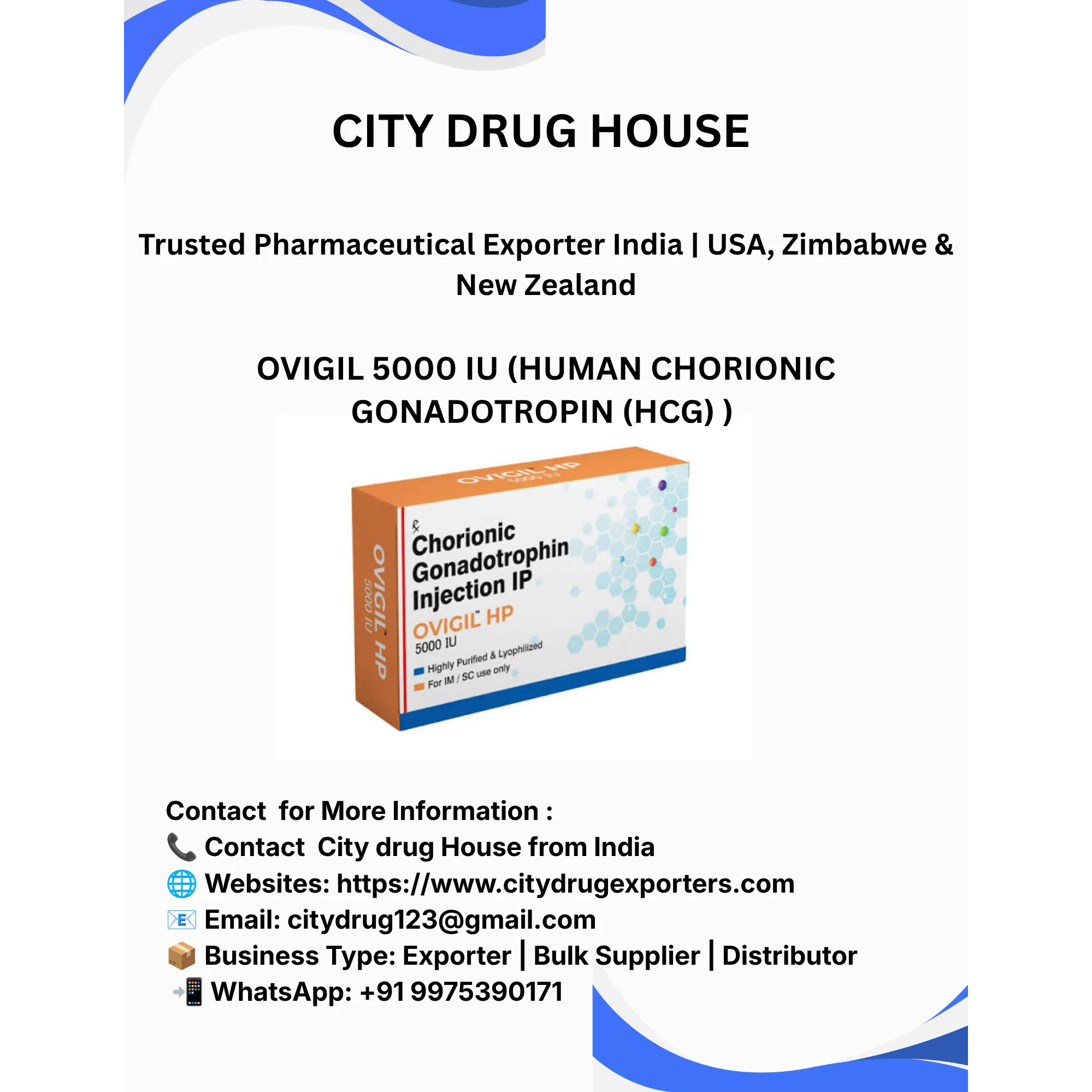 Ovigil 5000 IU Exporter to USA, Zimbabwe & NZ | City Drug House INDIA