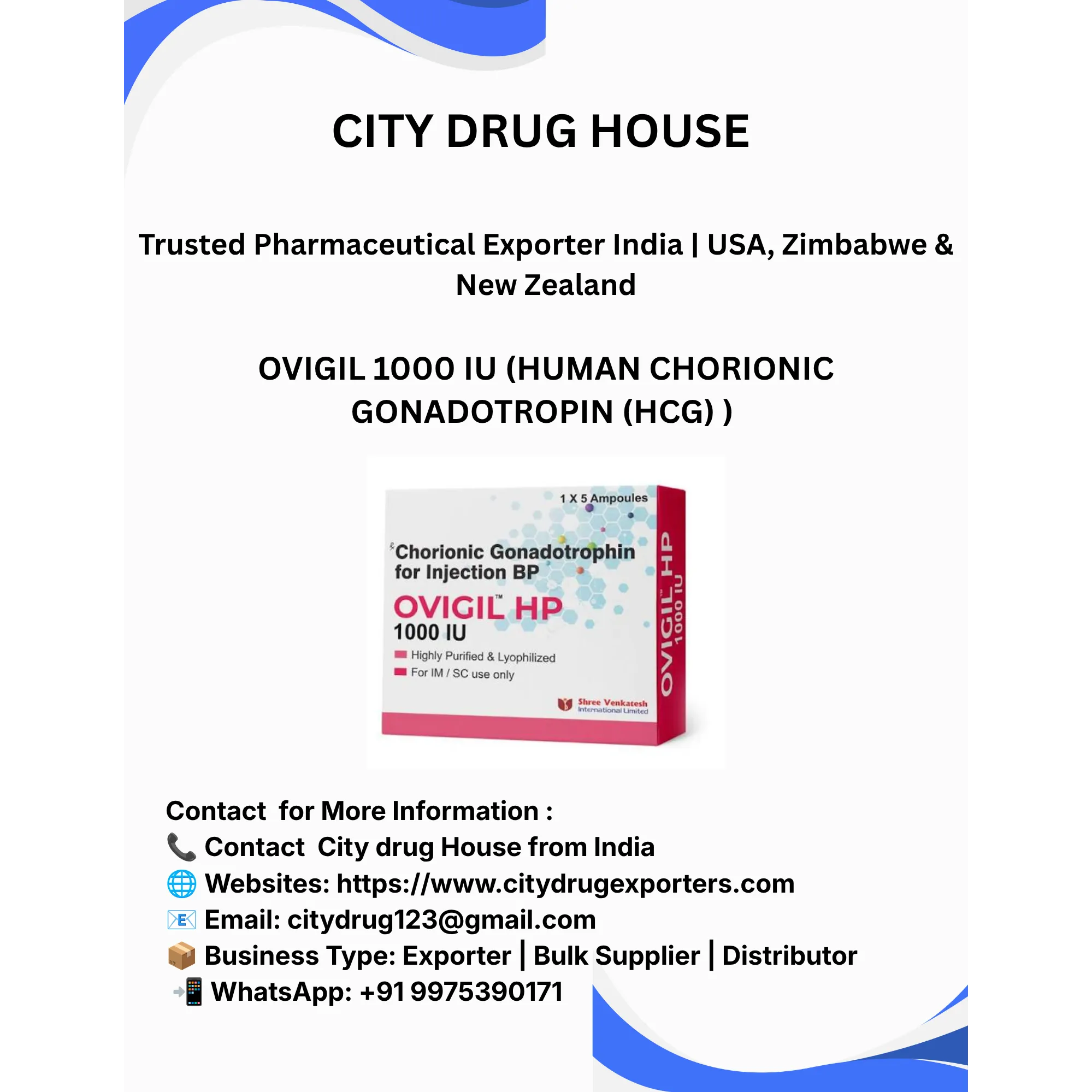 Ovigil 1000 IU Exporter to USA, Zimbabwe & NZ | City Drug House INDIA