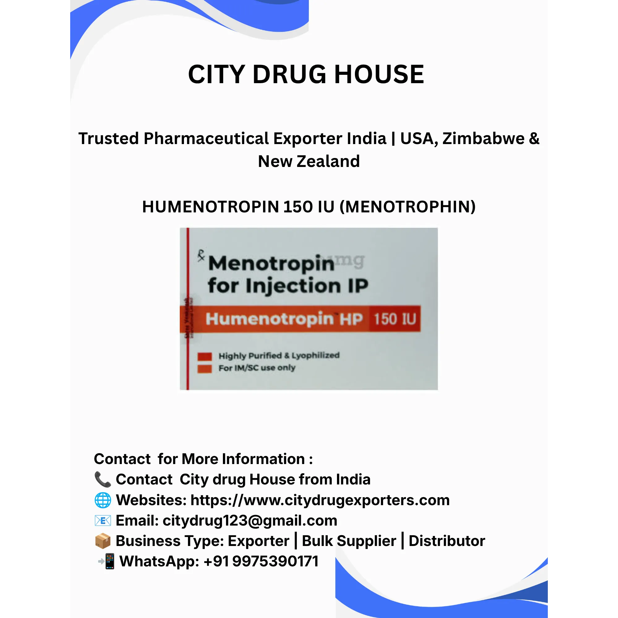 Humenotropin 150 IU Injection Exporter to USA, Zimbabwe & NZ | City Drug House INDIA