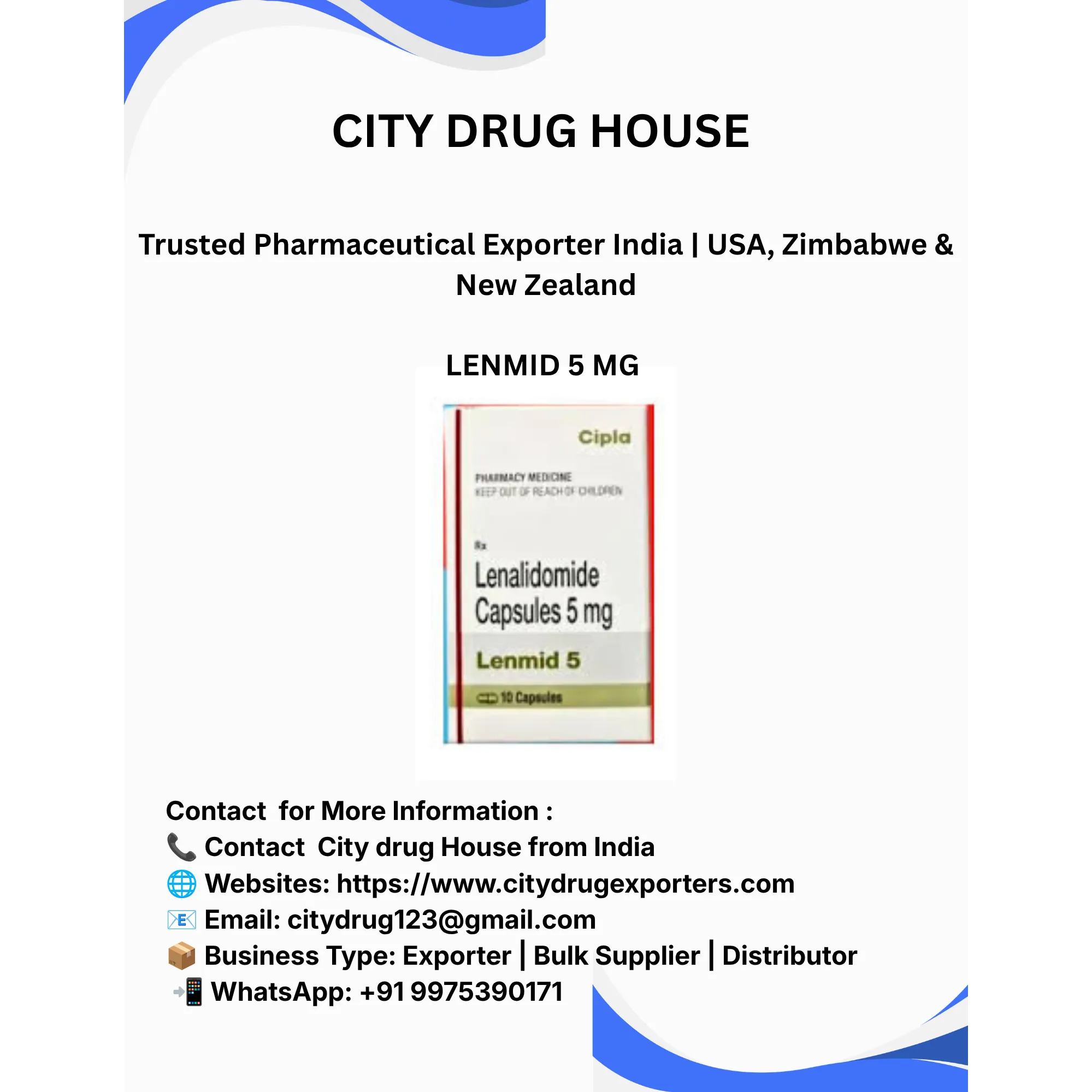 Lenmid 5 mg Exporter to USA, Zimbabwe & NZ | City Drug House INDIA
