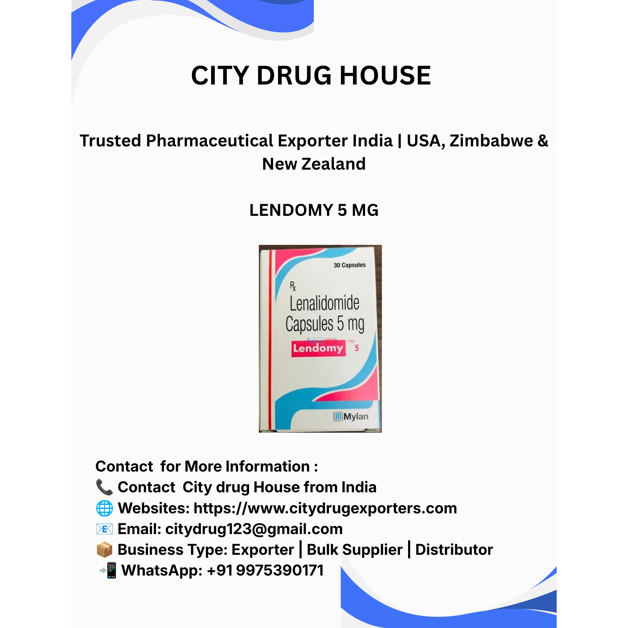 Lendomy 5 mg Exporter to USA, Zimbabwe & NZ | City Drug House INDIA