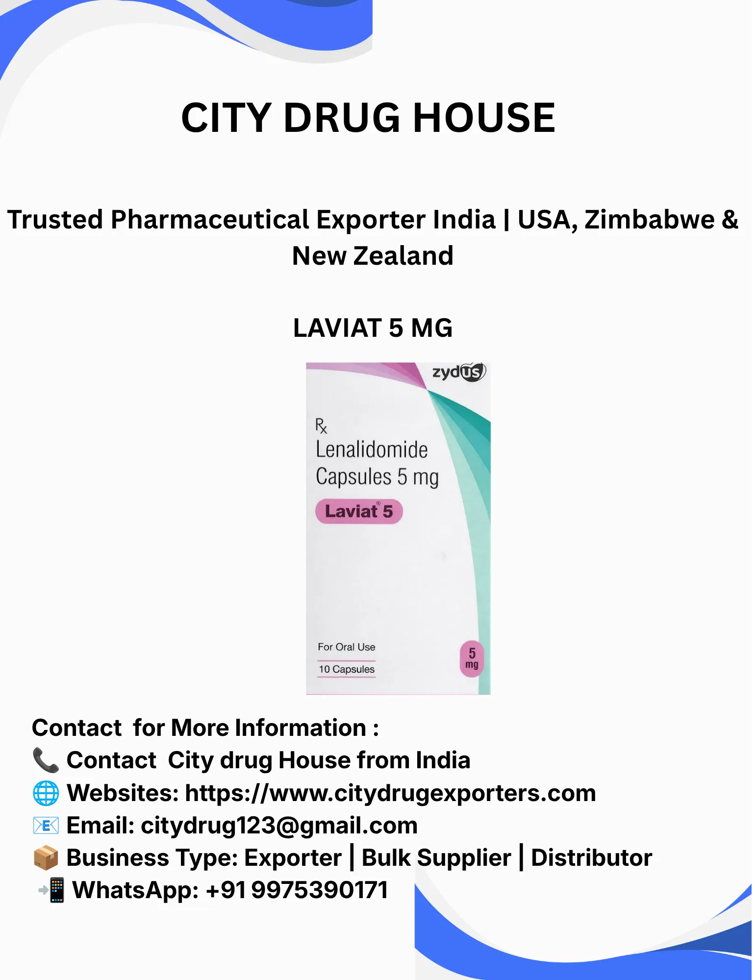 Laviat 5 (Lenalidomide) Exporter to USA, Zimbabwe & NZ | City Drug House INDIA