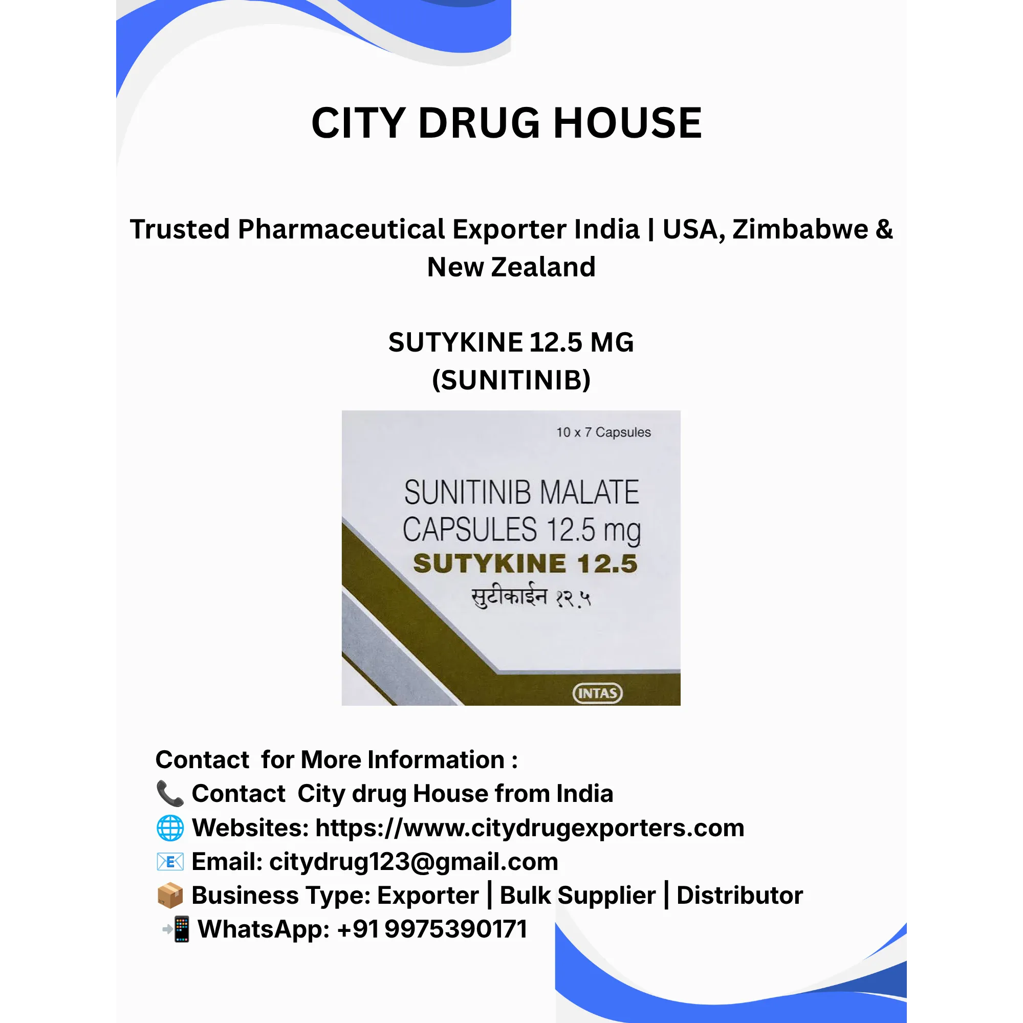 Sutykine 12.5 mg Exporter to USA, Zimbabwe & NZ | City Drug House INDIA