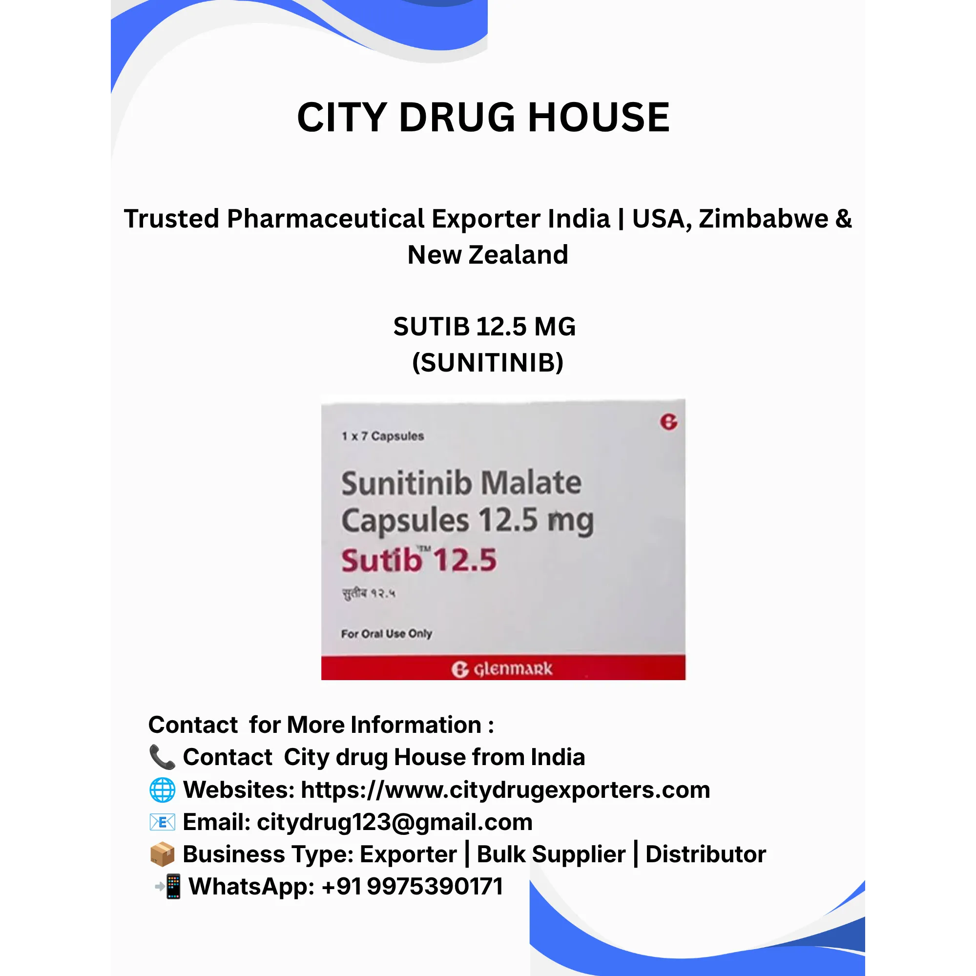 Sutib 12.5 mg (Sunitinib ) Exporter to USA, Zimbabwe & NZ | City Drug House INDIA